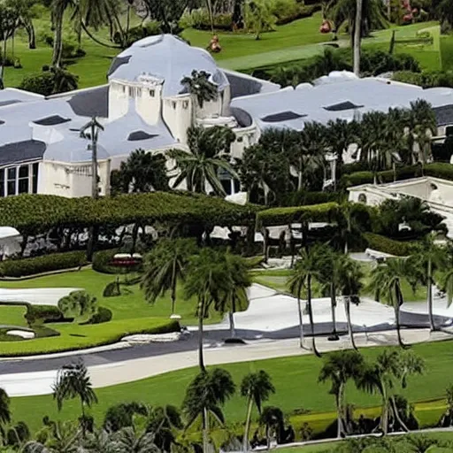 Image similar to mar-a-lago being raided by fbi agents in windbreakers, high detail, dark