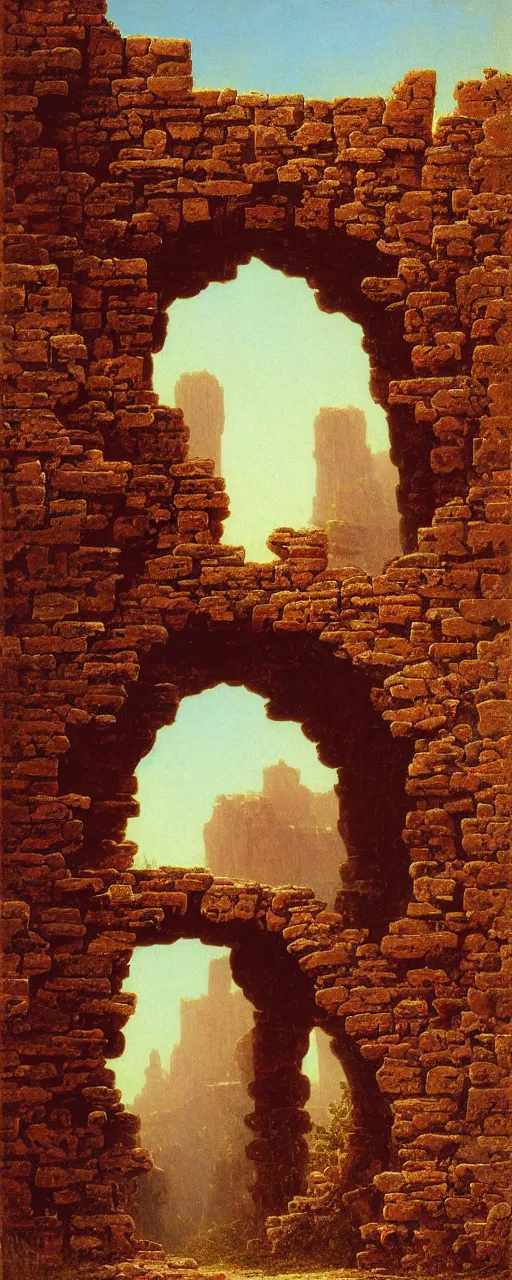 Prompt: A stone-brick archway, through which can be seen a desolate savannah, by Bruce Pennington and Albert Bierstadt