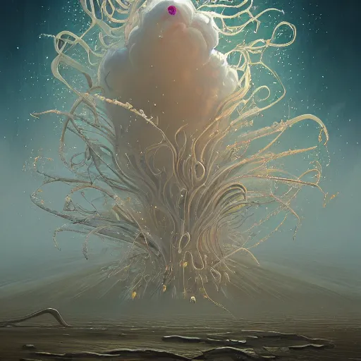 Prompt: beautiful painting of white tendrils and glitched blossoms exploding out of the void in the style of Simon Stålenhag and H. R. Giger, detailed, trending on Artstation