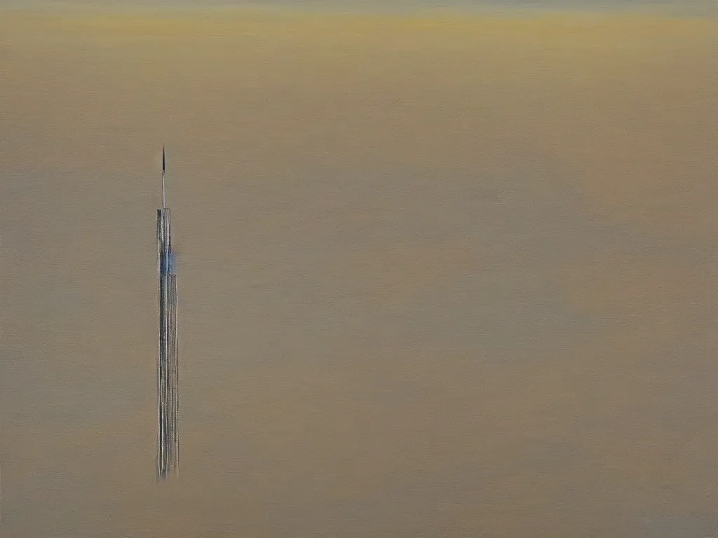 Prompt: oil on canvas painting of a skyscraper sinking into the desert sand, the skyscraper slanted at a 45 degree angle as it sinks