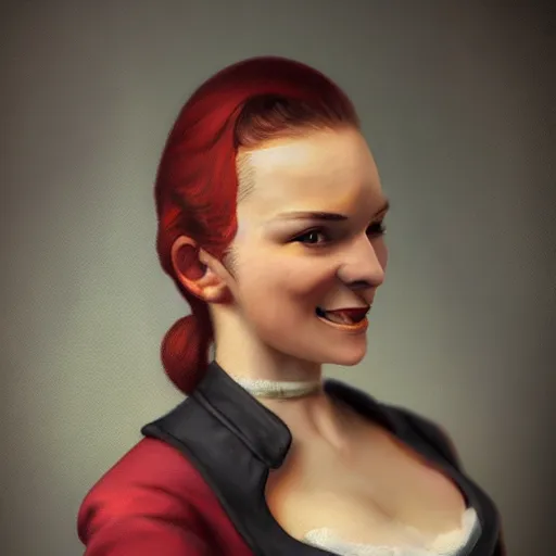 Prompt: smiling, teasing, beautiful, intelligent female pirate captain 2 8 years old, 1 9 4 0 s haircut, fully clothed, wise, beautiful, 1 7 5 0 s oil painting, dramatic lighting, trending on artstation, sharp focus