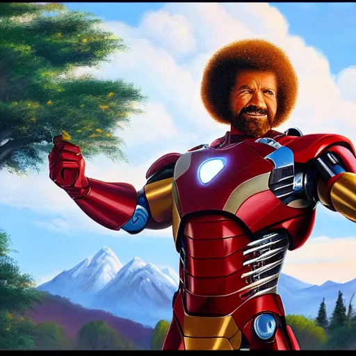 Prompt: a closeup photorealistic photograph of bob ross diligently finishing a canvas painting of iron man on the canvas. mountains and trees. film still. brightly lit scene. this 4 k hd image is trending on artstation, featured on behance, well - rendered, extra crisp, features intricate detail, epic composition and the style of unreal engine.