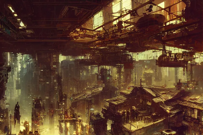 Image similar to cyberpunk market interior, intricate, elegant, highly detailed, john park, craig mullins, sparth, ruan jia, jeffrey catherine jones