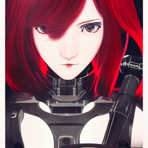 Image similar to A cyborg girl with big and cute red eyes, fine-face, realistic shaded perfect face, fine details. red and black robotic parts. Very very anime. Realistic shaded lighting poster by Ilya Kuvshinov katsuhiro otomo ghost-in-the-shell, magali villeneuve, artgerm, Jeremy Lipkin and Michael Garmash, Rob Rey and Kentarõ Miura style, trending on art station