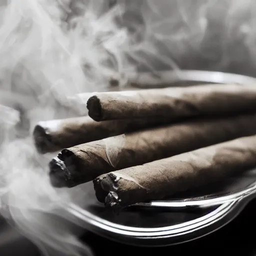 Image similar to cigar on a table, smoke slowly wafting up from the tip, black and white ultra hd