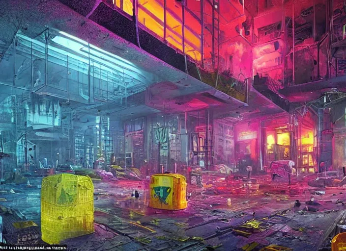 Image similar to an unbelievable dystopian scene, highly detailed, contrasting bright and colours with a hint of neon