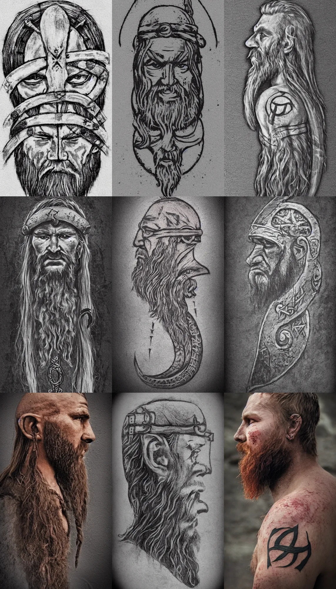 Prompt: Viking face in profile, with rune tattoos on the face, soft light, only face, blood