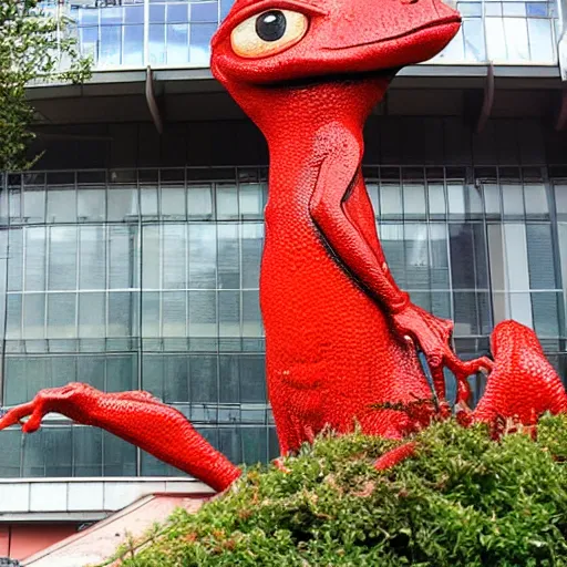 Image similar to a giant red frog as big as a building