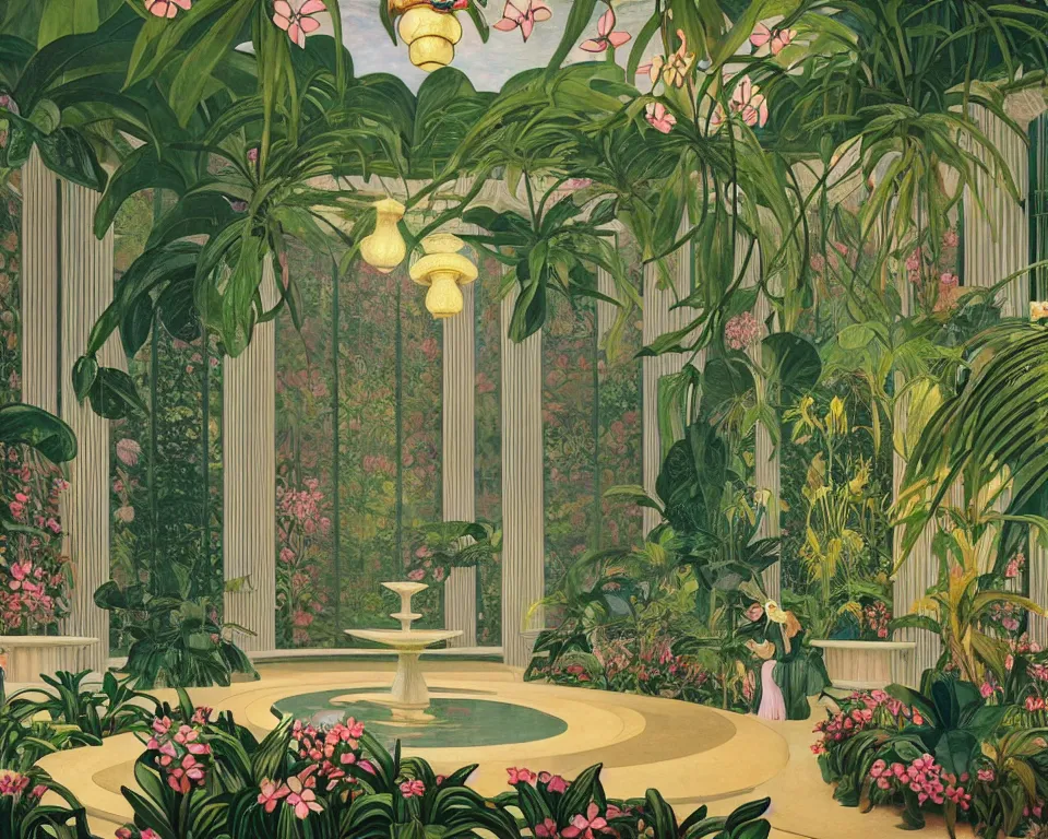 Prompt: an achingly beautiful print of the interior of an Art deco botanic garden, featuring flowing fountains, blooming tropical flowers, hanging Tiffany chandeliers, and classical antiquities by Raphael, Hopper, and Rene Magritte. detailed, romantic, enchanting, trending on artstation.
