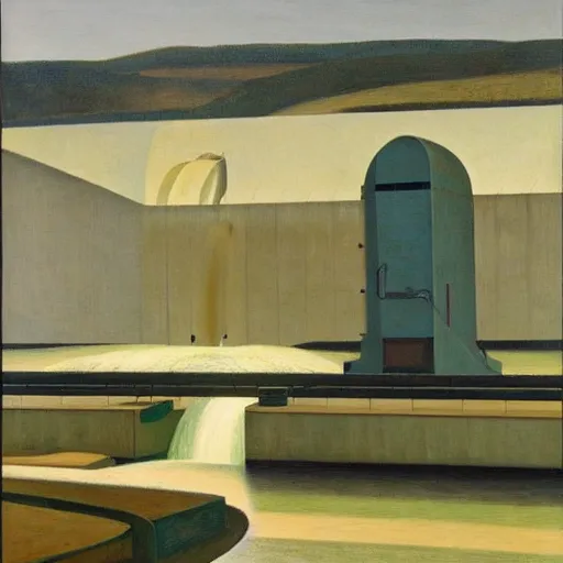 Prompt: hydroelectric dam, turbines, spillway, fish ladder, robot caretakers, grant wood, pj crook, edward hopper, oil on canvas