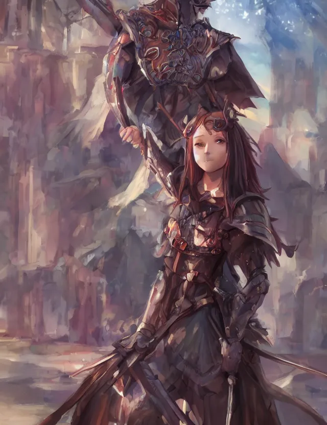 Prompt: scenic wide angle portrait of a teenage girl in town center, confident knight's outfit, anime in fantasy style, trending artwork, painted in anime painter studio, by anato finstark, tony sart, marc simonetti and an anime artist, collaboration