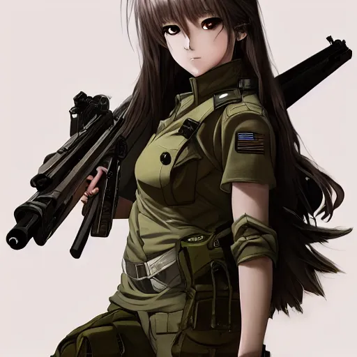 Prompt: soldier girl, anime style, long hair, hair down, symmetrical facial features, girls frontline cg, hyper realistic, pale skin, 4 k, rule of thirds, extreme detail, detailed drawing, trending artstation, hd, heavy gear, d & d, realistic lighting, by alphonse mucha, greg rutkowski, sharp focus, backlit, army