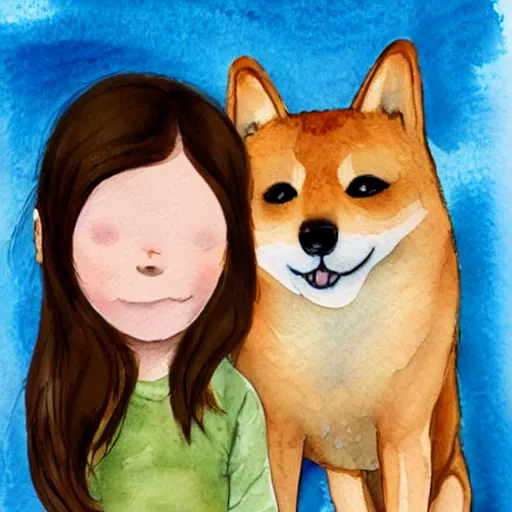 Image similar to a watercolor illustration of a girl with light brown hair, hazel eyes and freckles accompanied by a shiba inu and a cat