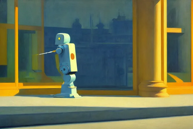 Image similar to beautiful illustration of a robot painting on a canvas by Edward Hopper, colorful octane render