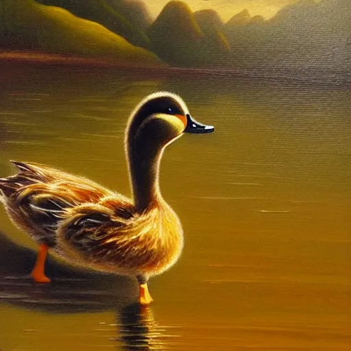 Prompt: A highly detailed oil painting of a duck walking towards a lake filled with pure gold instead of water