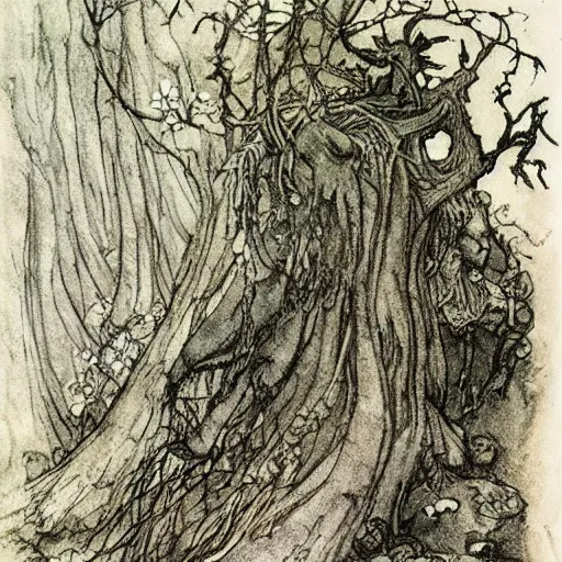 Prompt: once upon a midnight dreary, while i pondered, weak and weary, over many a quaint and curious volume of forgotten lore, by arthur rackham, highly detailed,