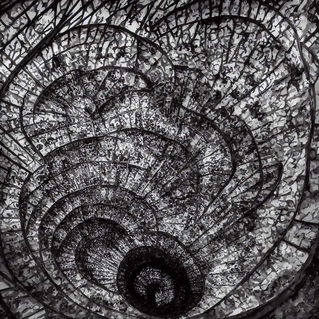 Prompt: , grand spiral stairs going down deep in the dark, with many doors ad ornamented widows, architecture by antoni gaudi, dramatic volumetric, cinematic light, cinematic photography, hyperrealist, high detailed