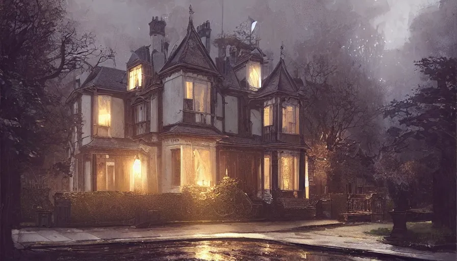 Prompt: portrait of a victorian manor house on a street, architecture, detailed, cinematic lighting, digital art painting by greg rutkowski