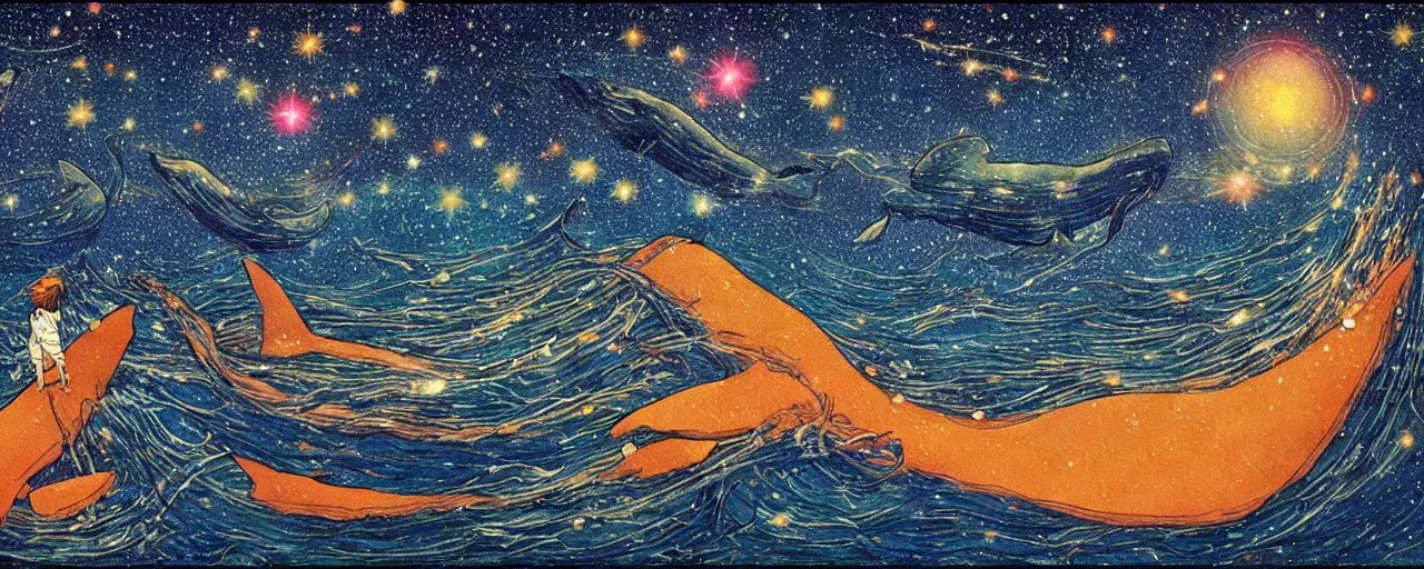 Image similar to ” big beautiful whales swimming in the shining starry sky painted by moebius. ”