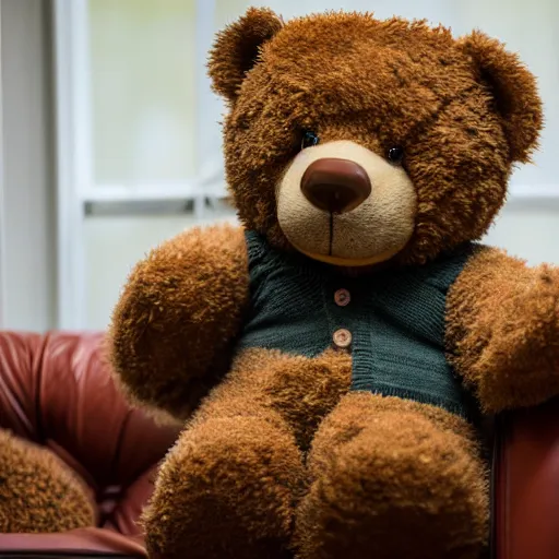Prompt: a teddy bear getting up off the couch while staring at you creepily wearing a sweater vest, 4 k photo