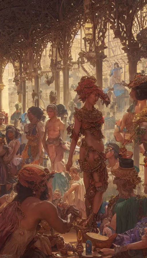 Image similar to slave market, intricate, highly detailed, digital painting, artstation, concept art, smooth, sharp focus, illustration, Unreal Engine 5, 8K, art by artgerm and greg rutkowski and alphonse mucha