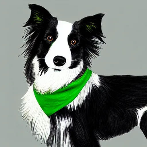 Prompt: illustration of a black and white border collie wearing a green bandana on its neck, digital art, DeviantArt