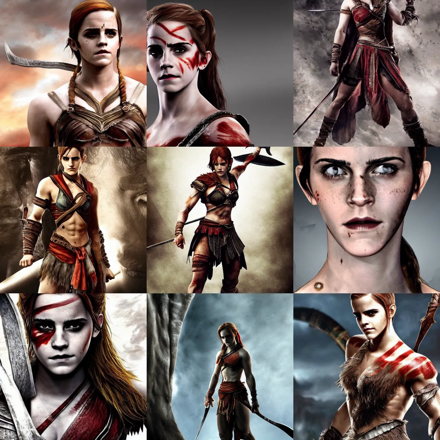 Image similar to Emma Watson as Kratos, brutal, detailed realistic, photorealistic, full body