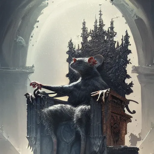 Prompt: rat overlord sitting on throne with hundreds of humans wordhipping, ssci - fi and fantasy, intricate and very very beautiful and elegant, highly detailed, digital painting, artstation, concept art, smooth and sharp focus, illustration, art by greg rutkowski