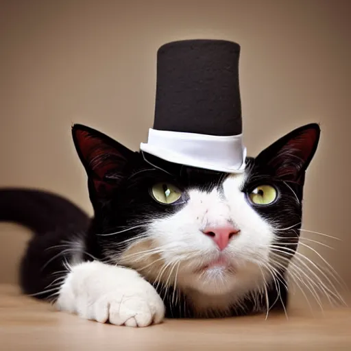 Prompt: studio photograph of a black and white cat with a tophat