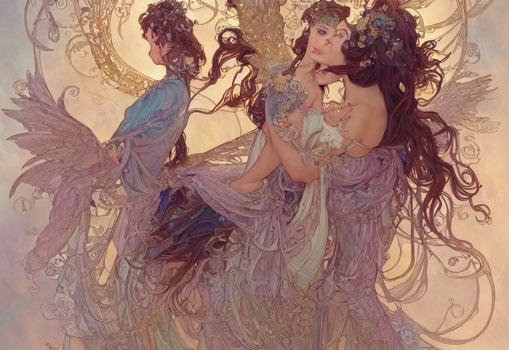 Image similar to a couple with wings, highly detailed, very intricate, art nouveau, gold filigree, romantic storybook fantasy, soft cinematic lighting, award - winning, disney concept art watercolor illustration by mandy jurgens and alphonse mucha and alena aenami, pastel color palette, featured on artstation