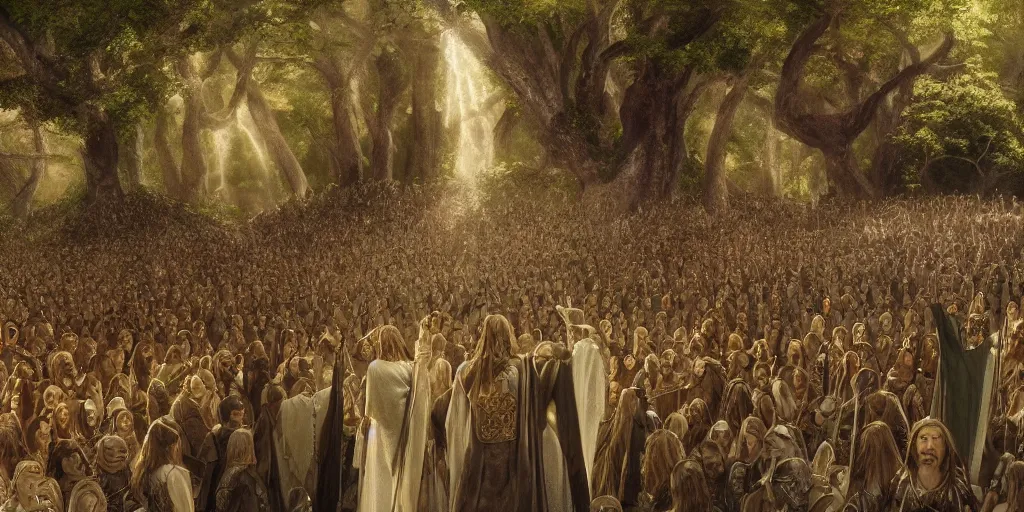 Image similar to Aragorn being crowned king under the white tree of Minas Tirith with a crowd of elves, lord of the rings, godrays, detailed painting, bloom, artstation