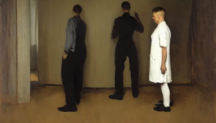 Prompt: painting by borremans, man back standing in front on the mirror and his back in the mirror, detailed, stunning