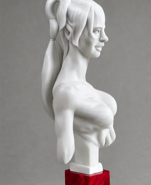 Prompt: a white modern marble and ruby sculptural bust of krysten ritter as harley quinn, delicate, intricate, smooth, beautiful, by charles van der stappen