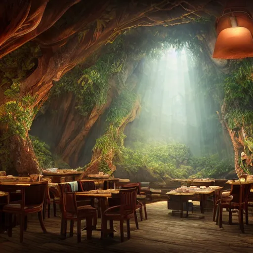 Image similar to interior of a restaurant carved out of a tree, kodak, fuji film, photoreal, 12k ursa, volumetric light, cinematic photograph concept art, intricate, artstation, studio ghibli, eddie mendoza, james chadderton