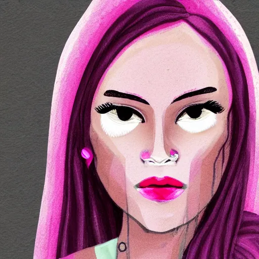 Prompt: illustration of a woman with pink hair and purple eyebrows in the style of natalie foss
