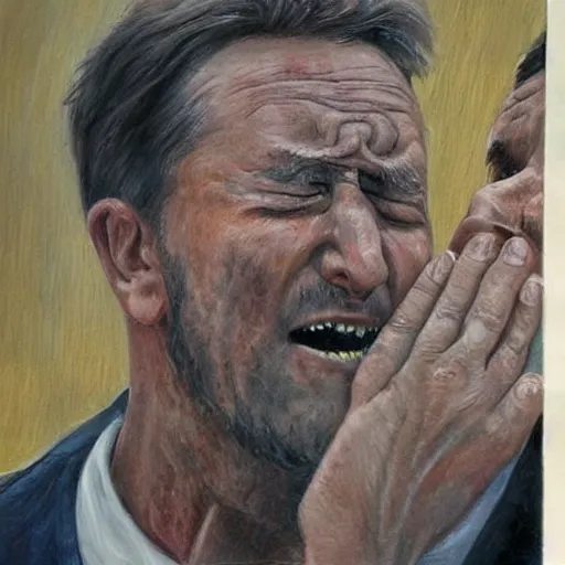 Image similar to a tall man crying at an all you can eat buffet, high detail, hyper realism