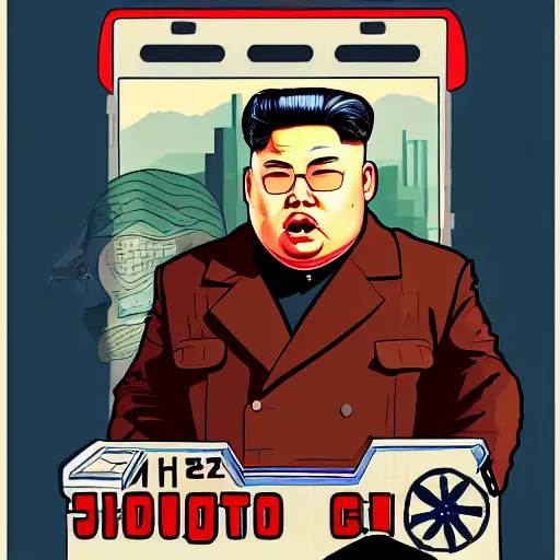 Image similar to illustration gta 5 artwork of kim - jong un, in the style of gta cover art, by stephen bliss