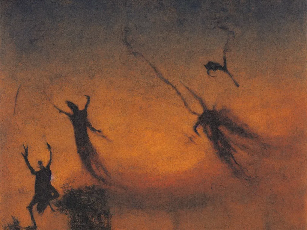 Prompt: painting by mikalojus konstantinas ciurlionis. devil jumping from roof to roof. sunset.