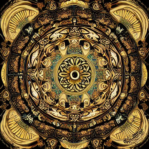 Image similar to a beautiful mandala made of ivory and gold, highly intricate, digital art, very detailed, in the style of a weird and dark eerie liminal art nouveau flemish painting, 8k,