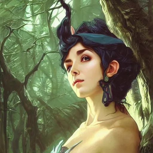 Image similar to d & d portrait of an elf resting on a tree, short black hair, regal sky blue robes, sharp focus, intricate, smooth, ultra realistic digital art, high fantasy, pointed ears, elegant, by artgerm, greg rutkowski, alphonse mucha