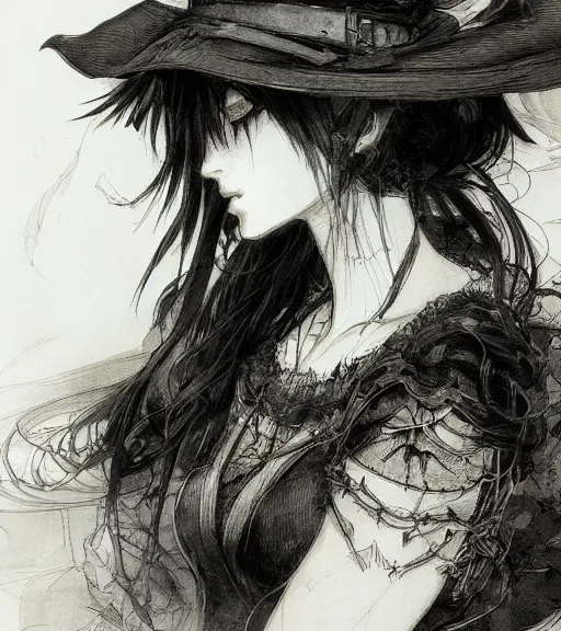 Image similar to portrait of anime woman wearing witch hat, pen and ink, intricate line drawings, by craig mullins, ruan jia, kentaro miura, greg rutkowski, loundraw