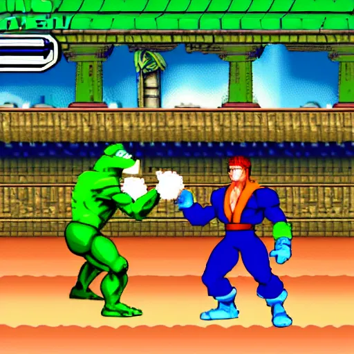 Prompt: street fighter super nintendo fight between kermit and captain planet marketplace background