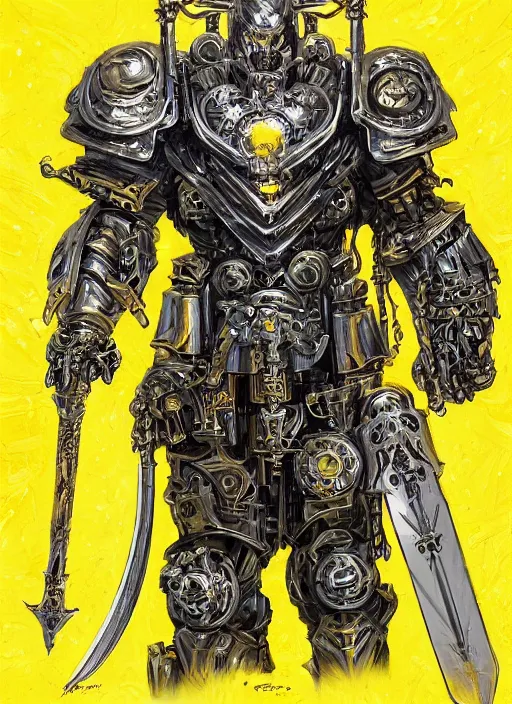 Image similar to dynamic portrait of a intricate glorious holy mechanical warforged character in yellow armor holding a paladin engraved great longsword and carrying a big paladin shield, spotlight from face , epic , trending on ArtStation, masterpiece, cinematic lighting, by Jesper Ejsing and by Philippe Druillet and by Yoann Lossel