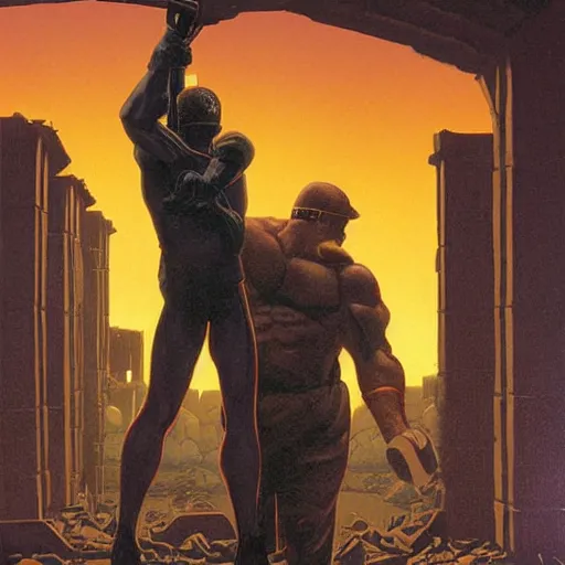 Prompt: a giant hand lifts a lone soldier from a ruined city by greg hildebrandt