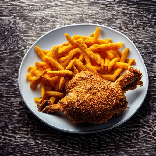 Prompt: chicken fried on a computer cpu chip, food, photograph, poster, orthographic