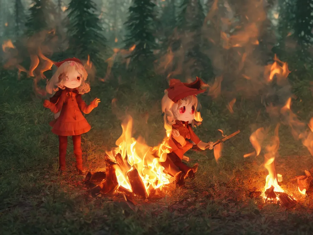 Image similar to cute fumo plush pyromaniac girl giddily starting a fire in the forest, campfire, flames, warm glow and volumetric smoke vortices, vray