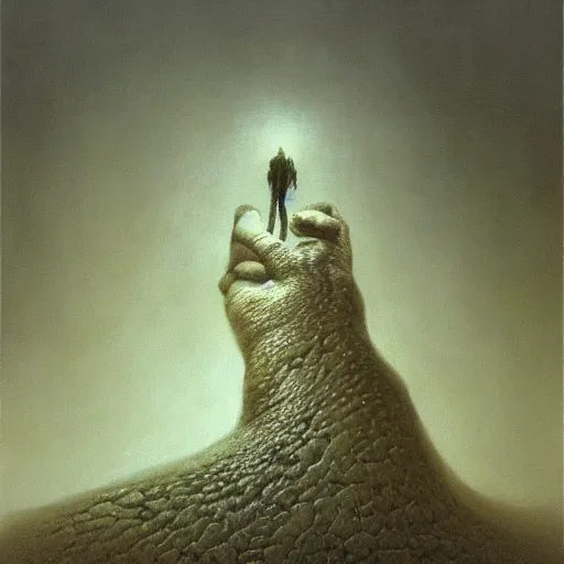 Prompt: arm reaching out of thick fog, zdzislaw beksinski