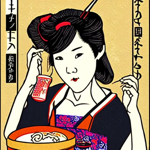 Image similar to beautiful japanese female model eating ramen soup portrait in the style of art nouveau x belle epoque