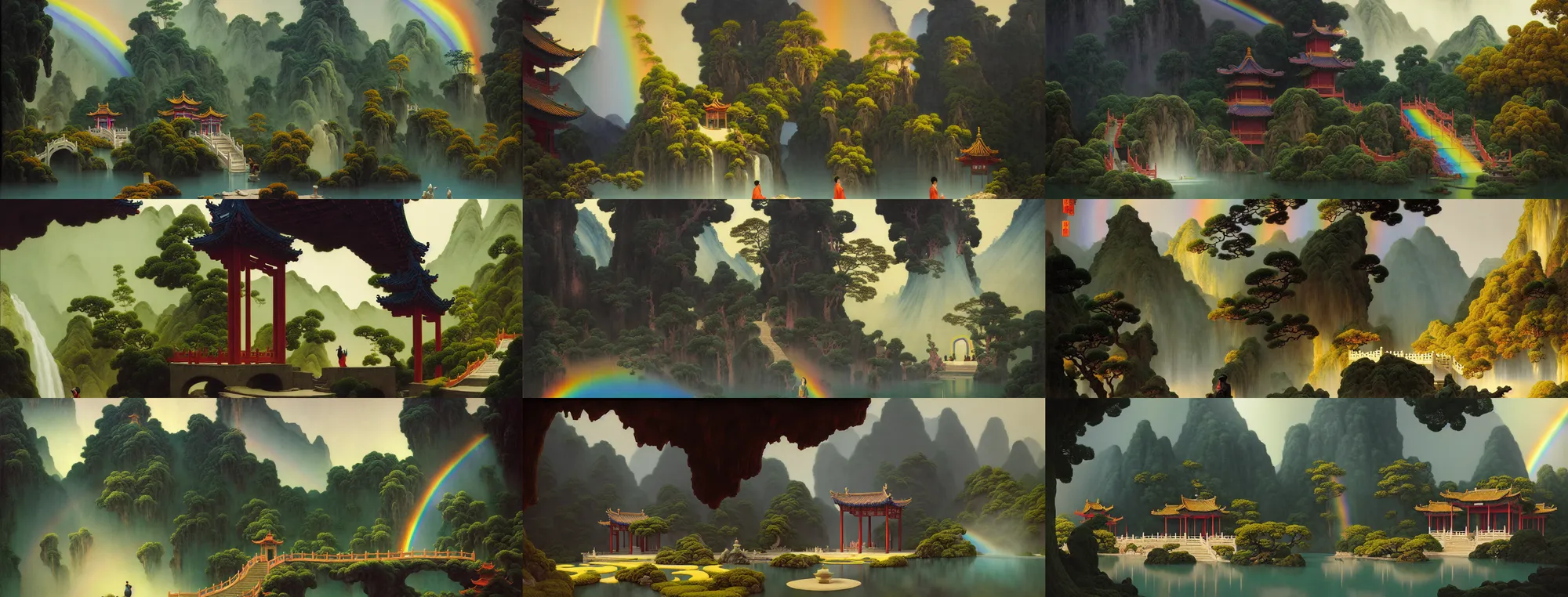 Image similar to a gorgeous landscape painting by barlowe wayne, maxfield parrish and marco mazzoni. chinese temple. rainbow, rainy mood!! sunny morning. a lonely chinese wuxia walks on the winding stone steps, stone gate to the dark cave, 3 d, octane render, turbulent lake, waterfall, fog, 8 k.