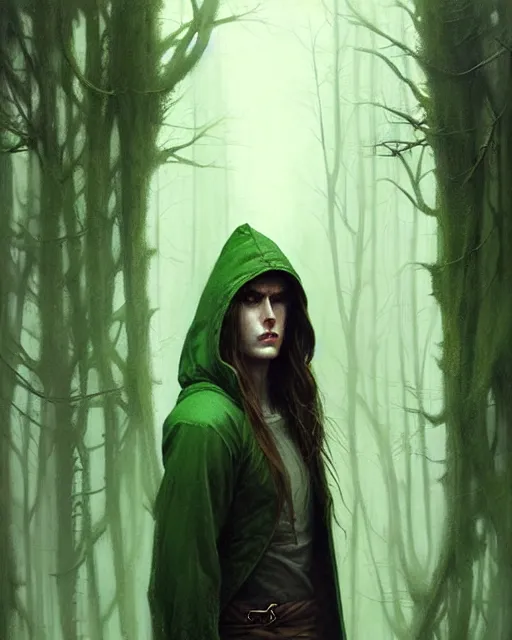 Image similar to portrait Green hooded jacket coat Beefy muscular fit Hunter elf, long-haired By greg rutkowski, tom bagshaw, beksinski